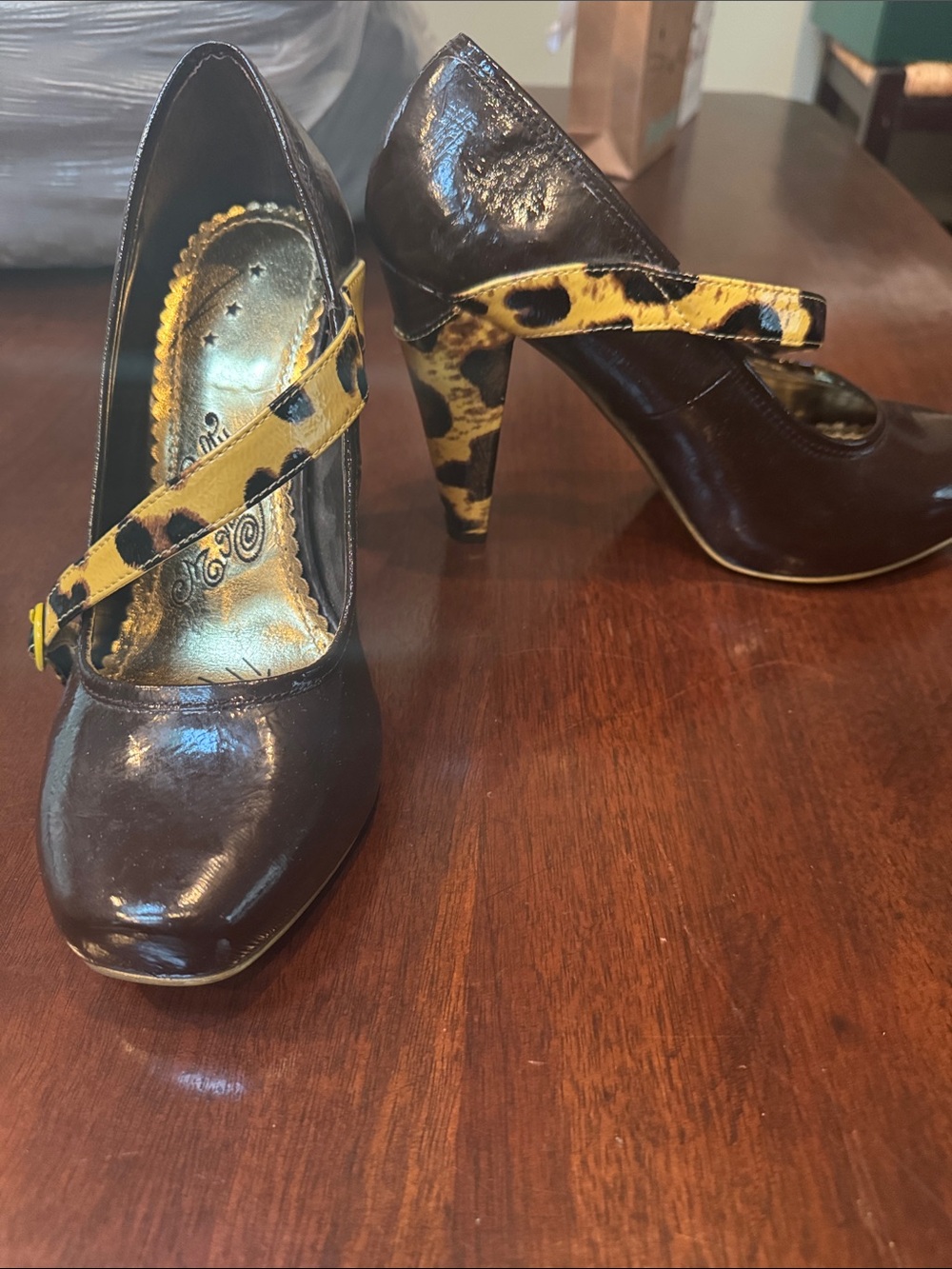 naughty monkey Brown Heels with Leopard-Print Strap worn once